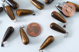 Pendentif goutte oeil de tigre naturelle roulée acier platine 30mm, pendentif pierre acier inoxydable pierre naturelle, x1, G6170