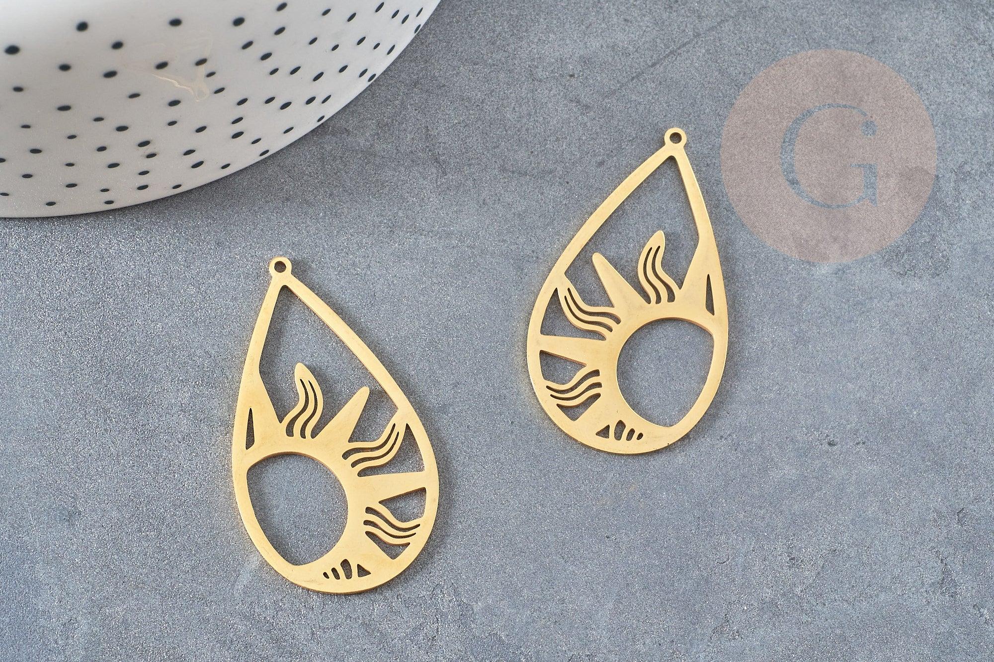 Pendentif goutte soleil acier 201 inoxydable dore 45mm ,breloque acier inoxydable doré, x1 G5689