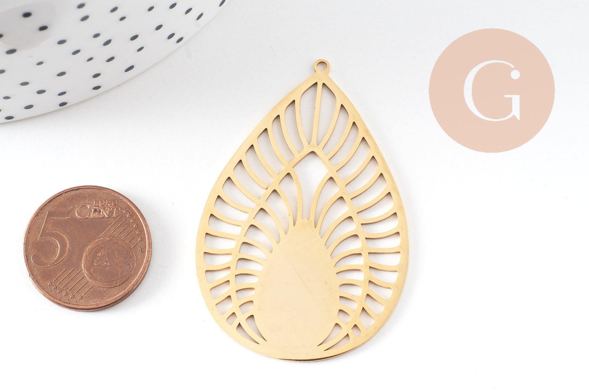 Pendentif goutte soleil acier 201 inoxydable dore 52mm ,breloque acier inoxydable doré filigrane sans nickel pour création bijoux, x1 G6119