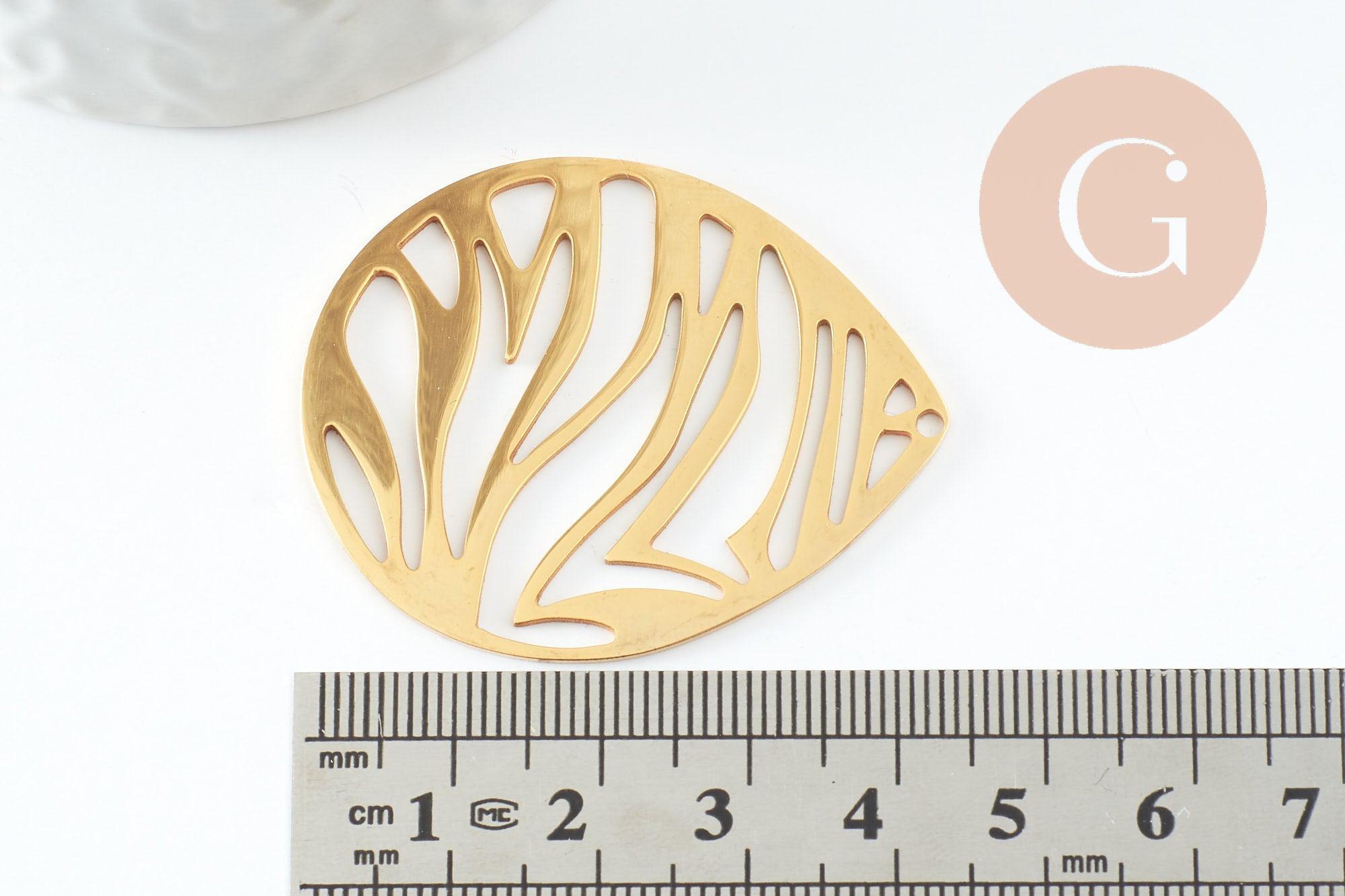 Pendentif goutte zĂšbre acier 201 inoxydable dore 45mm, x1 (G9520)