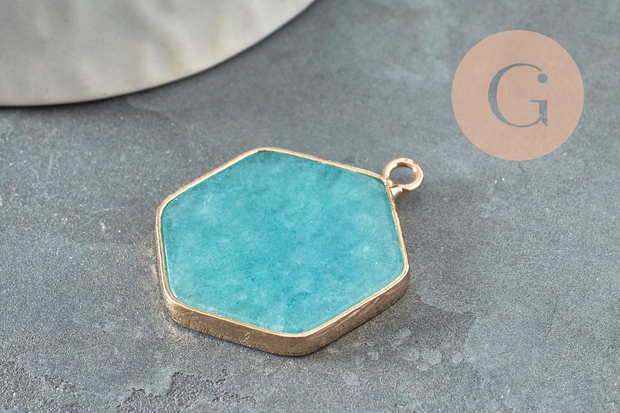 Pendentif hexagone jade naturel bleu turquoise 30-31mm, x1 (G5419)