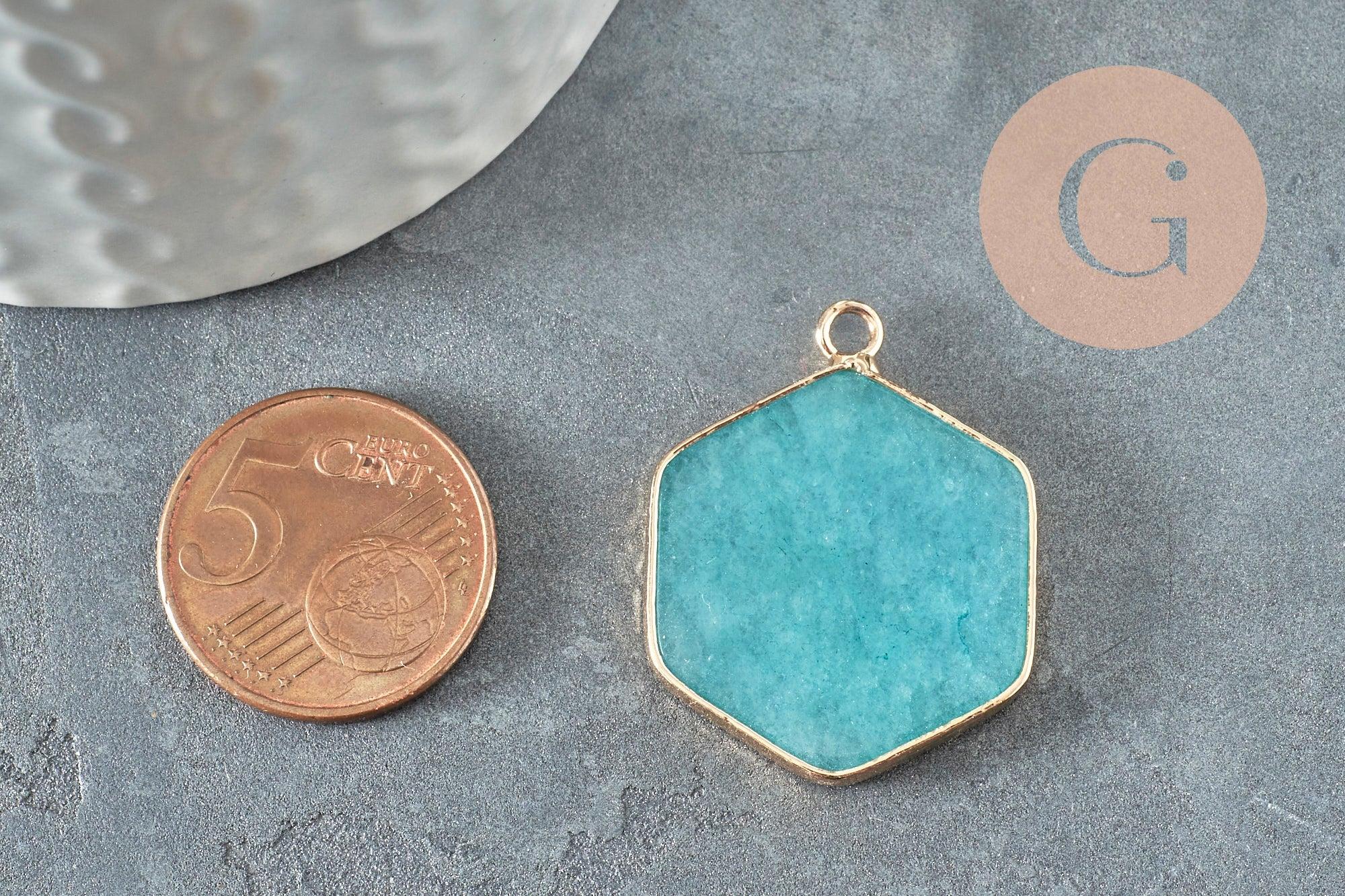 Pendentif hexagone jade naturel bleu turquoise 30-31mm, x1 (G5419)
