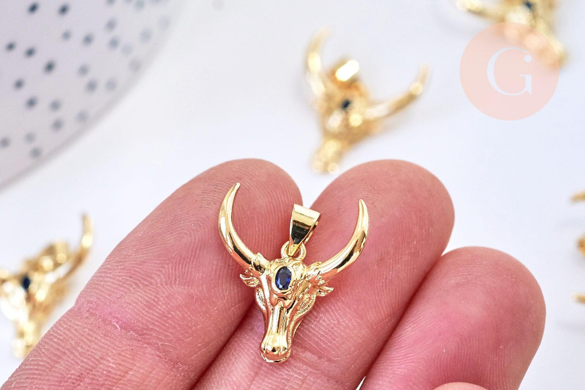 Pendentif laiton doré 16K tête de vache & zircon 21mm, bijou en laiton doré sans libération de nickel, x1 G5854
