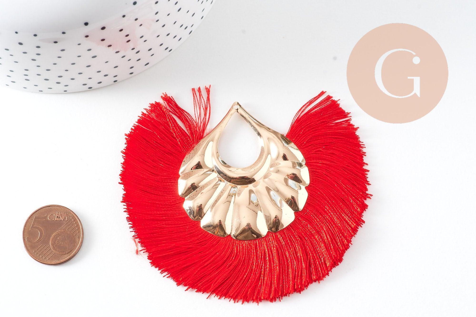 Pendentif large pompon fil rouge support doré,pendentif en fil sur support doré, 85-92mm, x 2 (G4534)