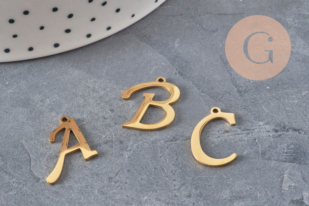 Pendentif lettre initiale acier inoxydable doré IP 20.5mm, x1 (G11375)-Breloques et pendentifs-Gingerlily Perles