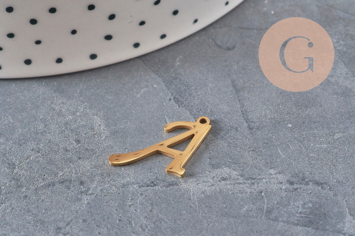 Pendentif lettre initiale acier inoxydable doré IP 20.5mm, x1 (G11375)-Breloques et pendentifs-Gingerlily Perles