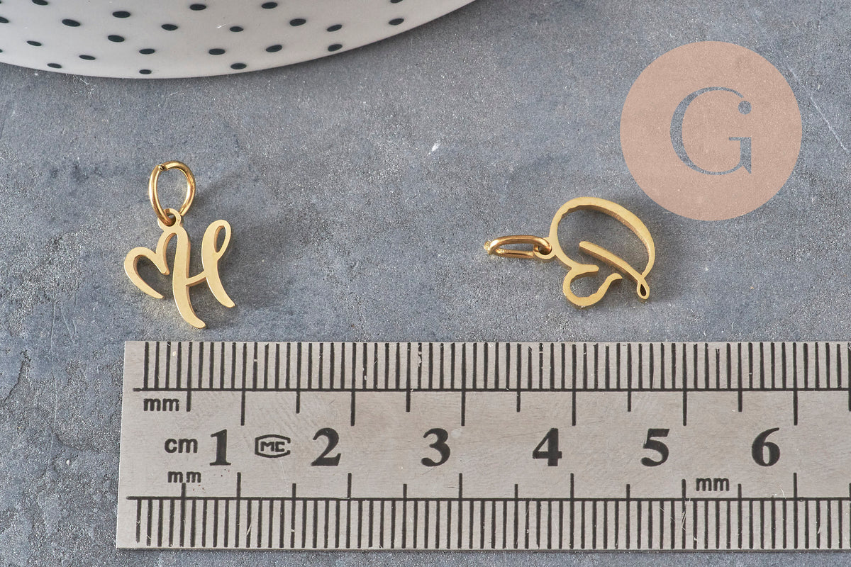 Pendentif lettre initiale stylisé acier inoxydable doré IP 12.5mm, x1 (G11372)-Breloques et pendentifs-Gingerlily Perles