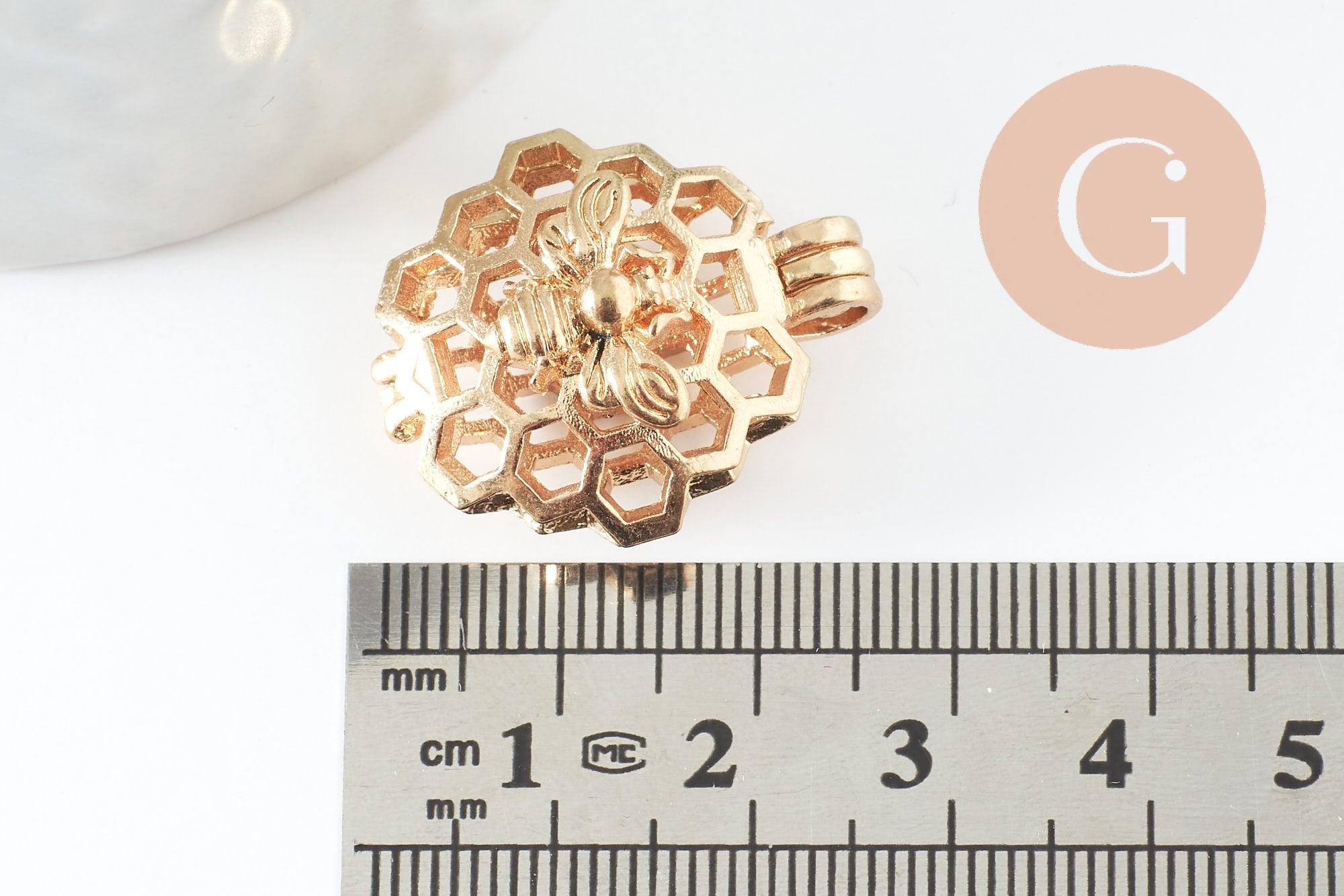 Pendentif locket cage abeille zamac doré, création sautoir, pendentif à ouvrir,26mm, x1 (G5248)