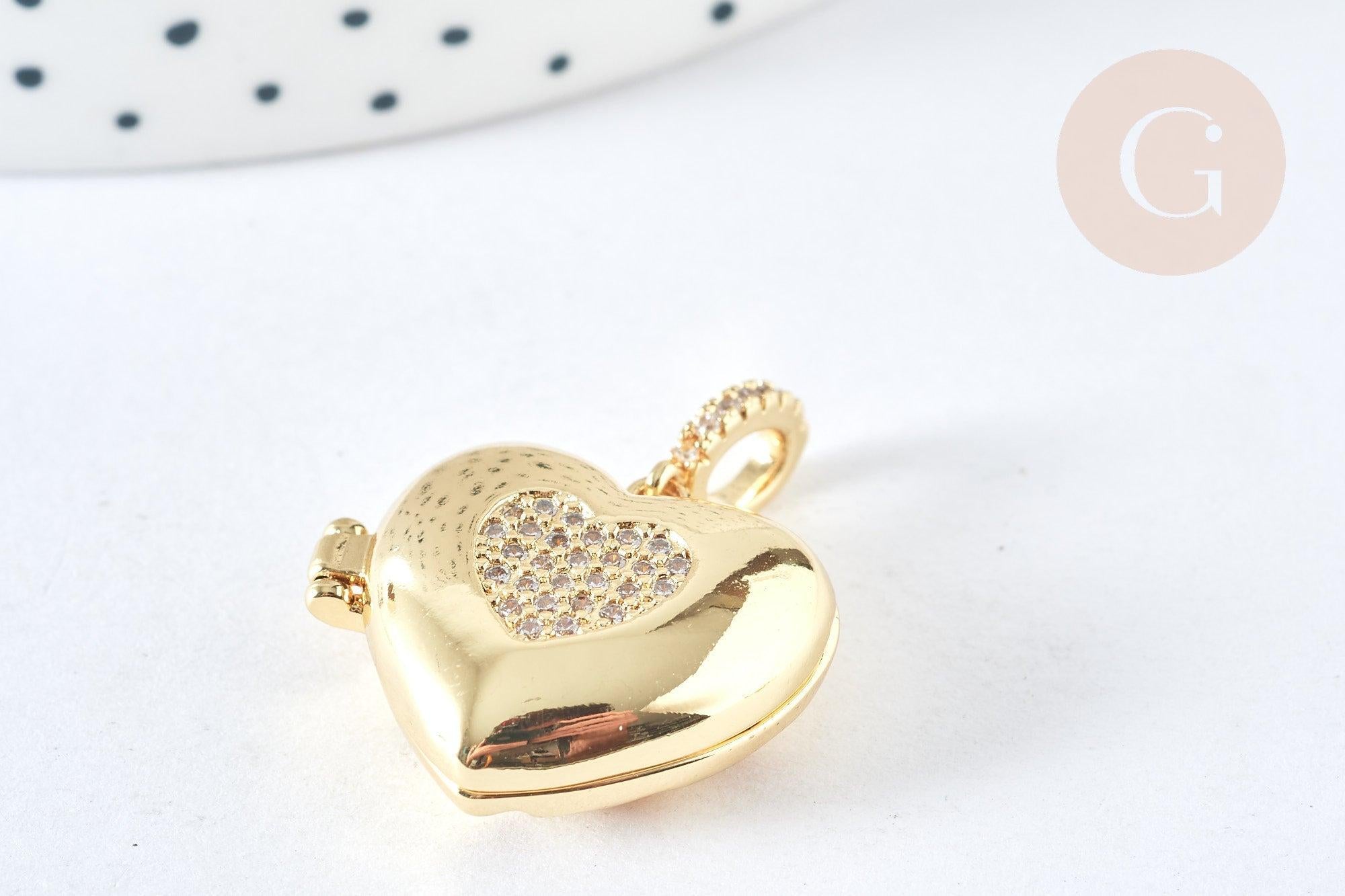 Pendentif locket cœur laiton doré 18K zircon blanc 19,5mm,pendentif qui s'ouvre pour création bijoux, x1 G7374