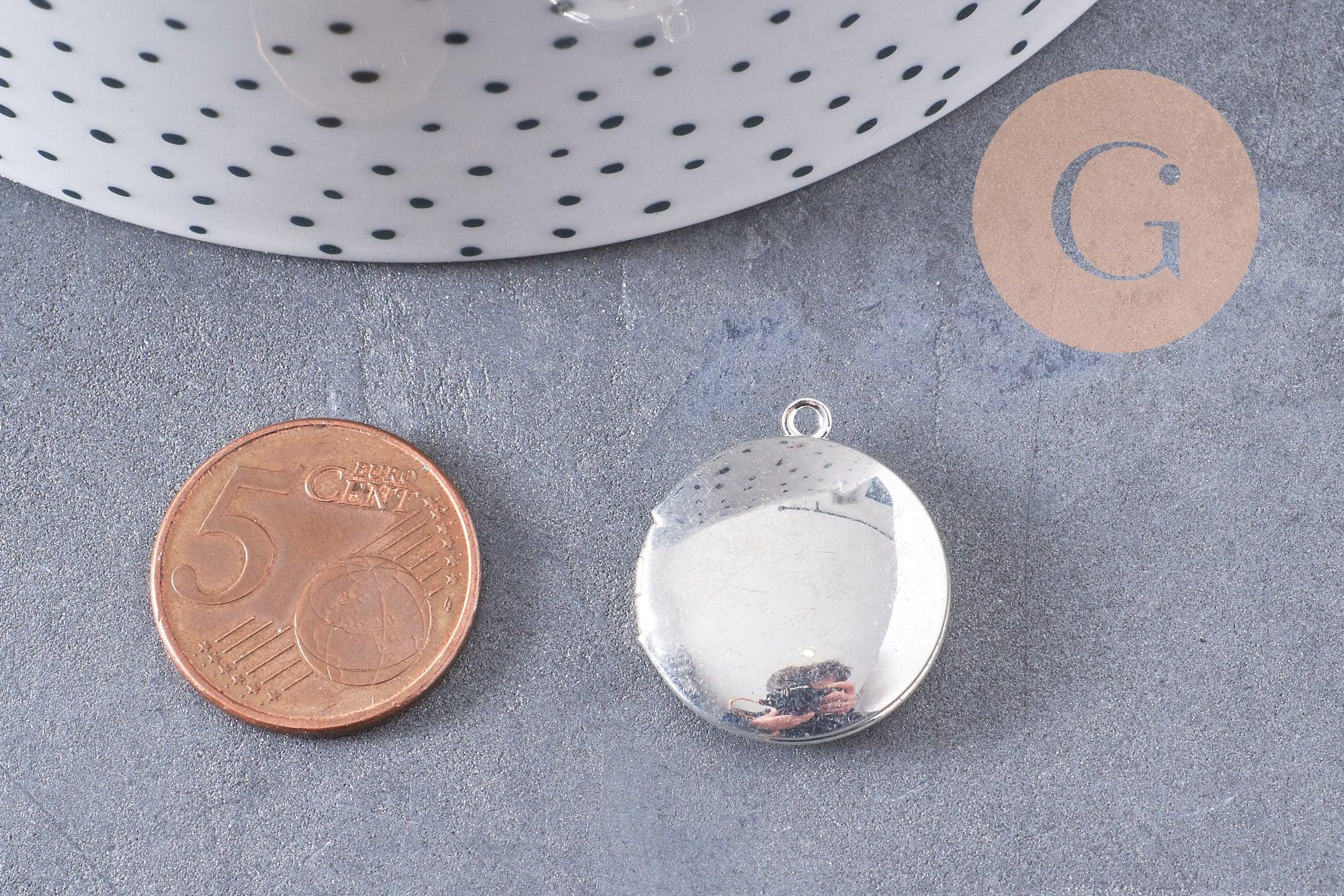 Pendentif locket medaillon zamac argenté 20mm, x2 (G1514)