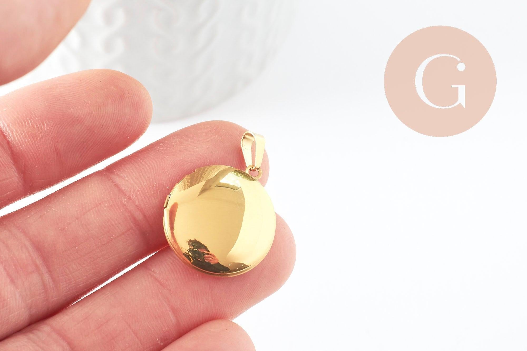 Pendentif locket rond acier 316 inoxydable doré IP 18K 23mm, x1 (G9461)