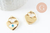 Pendentif médaille Cadenas coeur oeil émail blanc laiton doré 16K,pendentif laiton amour pour création bijoux,20mm, x1 (G4674)