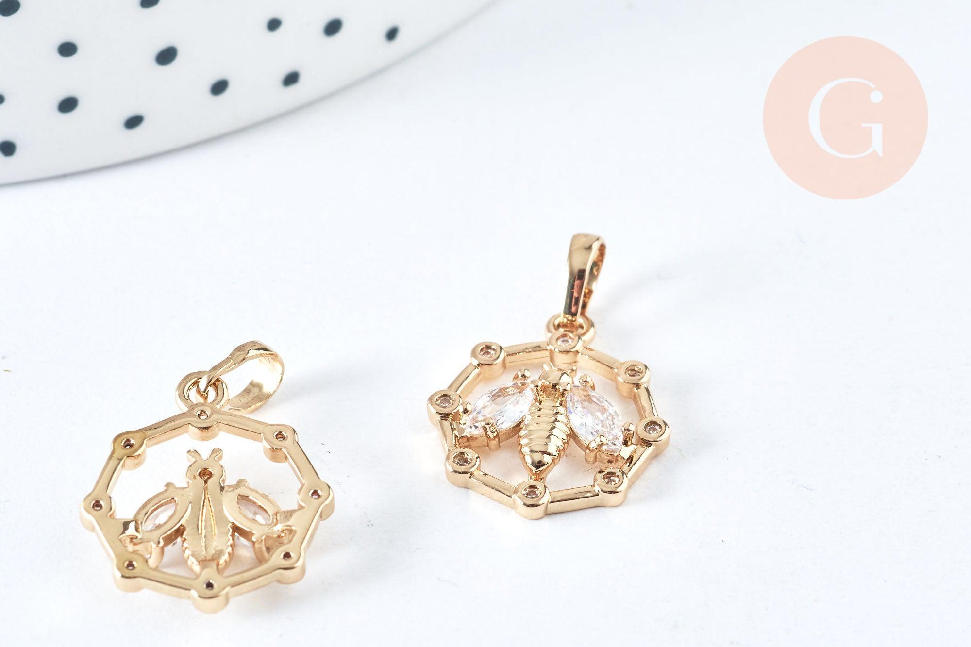 Pendentif médaille abeille zircon laiton doré 18mm, fournitures pour bijoux, breloque laiton et zircon, x1 G6958