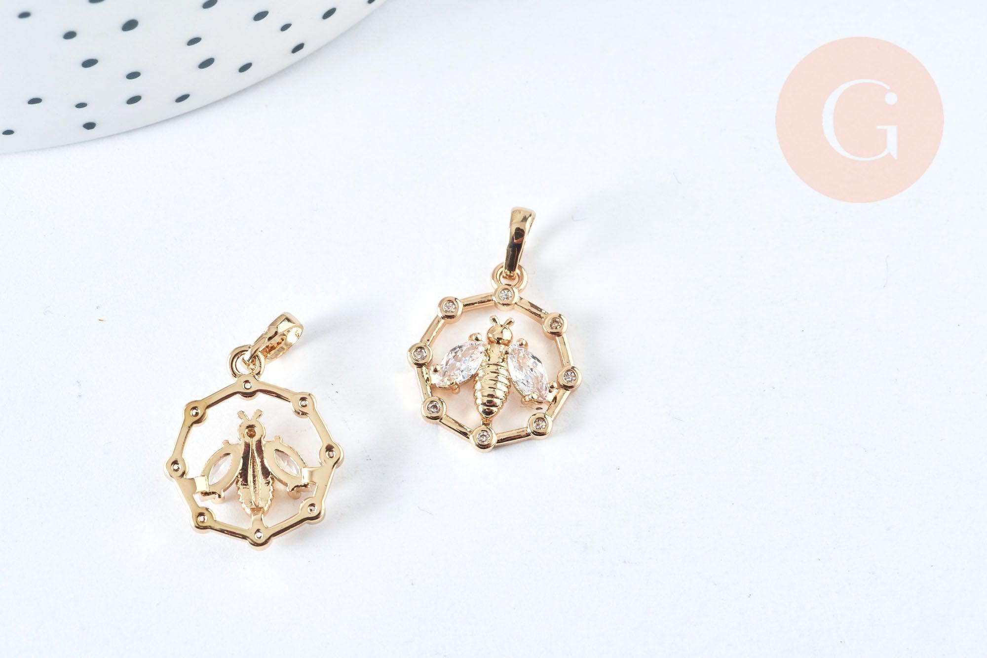Pendentif médaille abeille zircon laiton doré 18mm, fournitures pour bijoux, breloque laiton et zircon, x1 G6958
