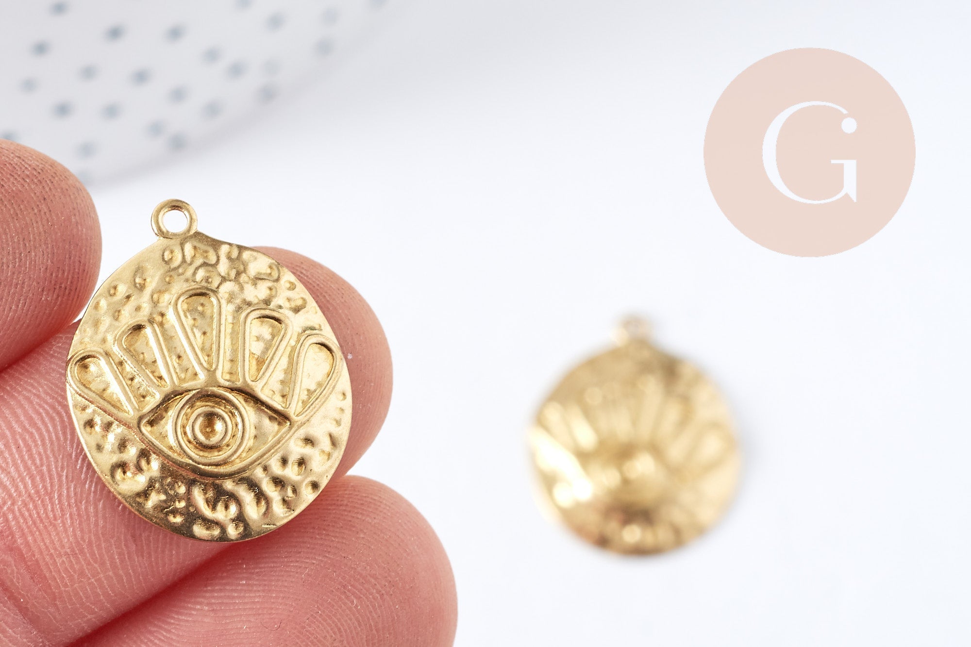 Pendentif médaille bombée ronde oeil protecteur laiton brut 22.5mm, x1 (G8841)