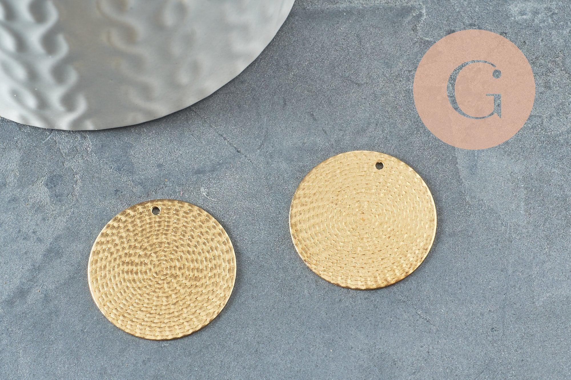 Pendentif médaille cerle texturée laiton brut 25mm, bijoux laiton brut x2 (G1226)