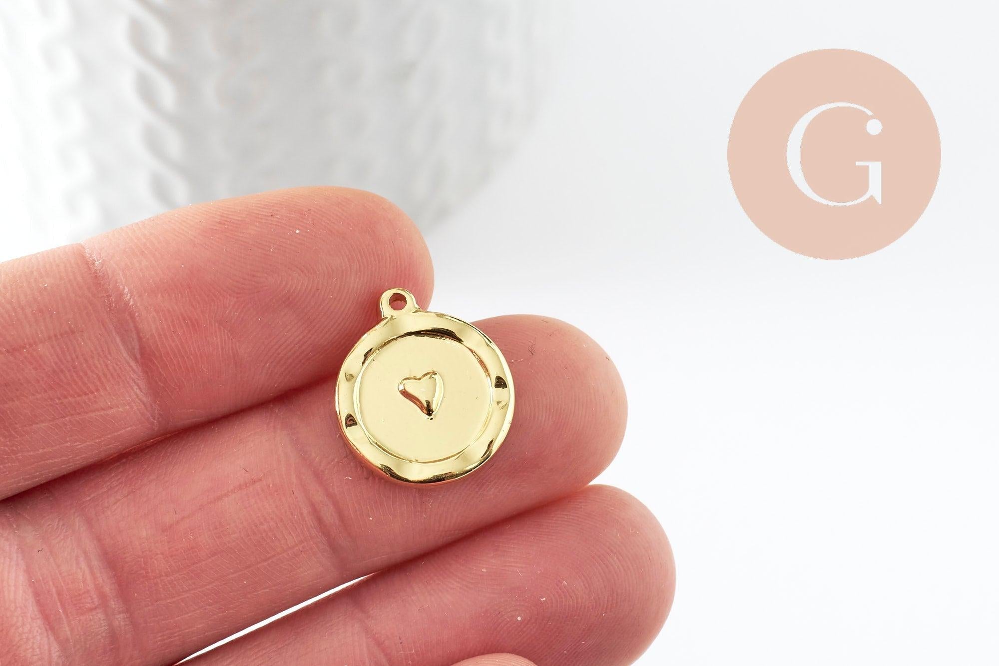 Pendentif médaille coeur acier 304 IP inoxydable doré 18K 18mm, x1 (G9579)