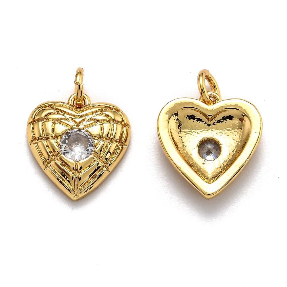 Pendentif médaille coeur laiton doré 18K et cristal zircon,pendentif laiton amour pour création bijoux,13mm, x1 G6078