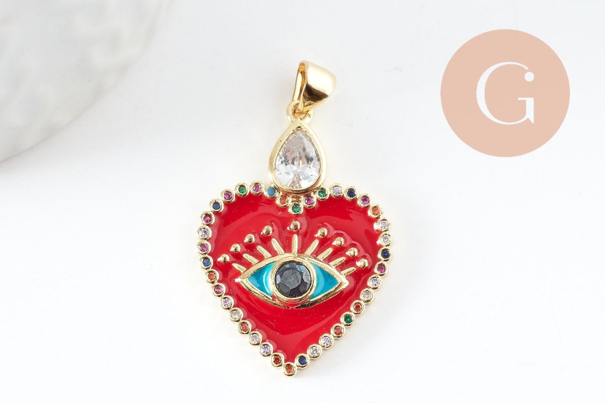Pendentif médaille coeur oeil émail rouge laiton doré 18K et cristal zircon,pendentif laiton amour pour création bijoux,30.5mm, x1 (G7813)
