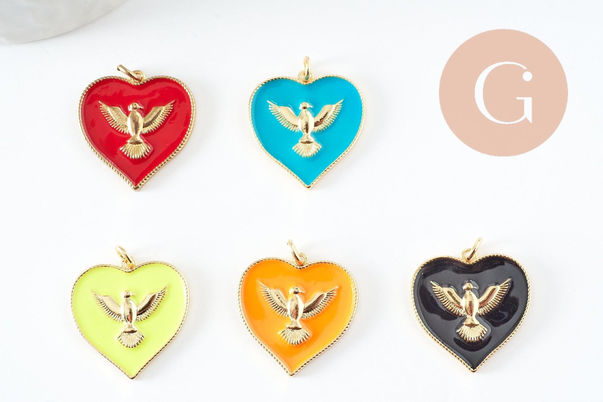 Pendentif médaille coeur oiseau émail laiton doré 18K pendentif laiton coeur,sans nickel,22.5mm, x1 (G4273)