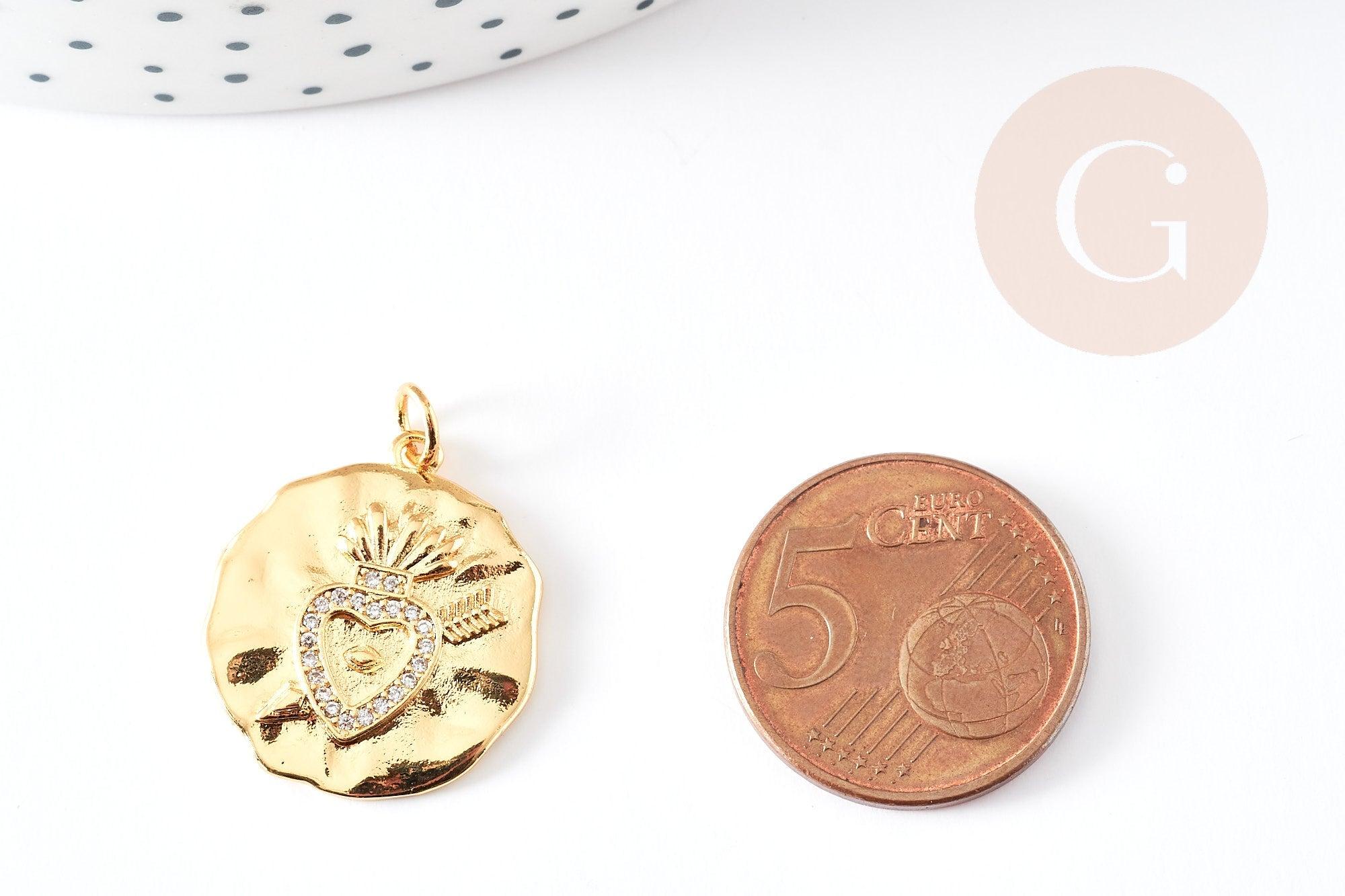 Pendentif médaille coeur sacré laiton doré 18k 22mm sans nickel, pendentif amour, x1 G5958