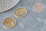 Pendentif médaille feuille palme acier inoxydable 201doré 32mm,breloque acier inoxydable doré sans nickel, x1 (G6189)