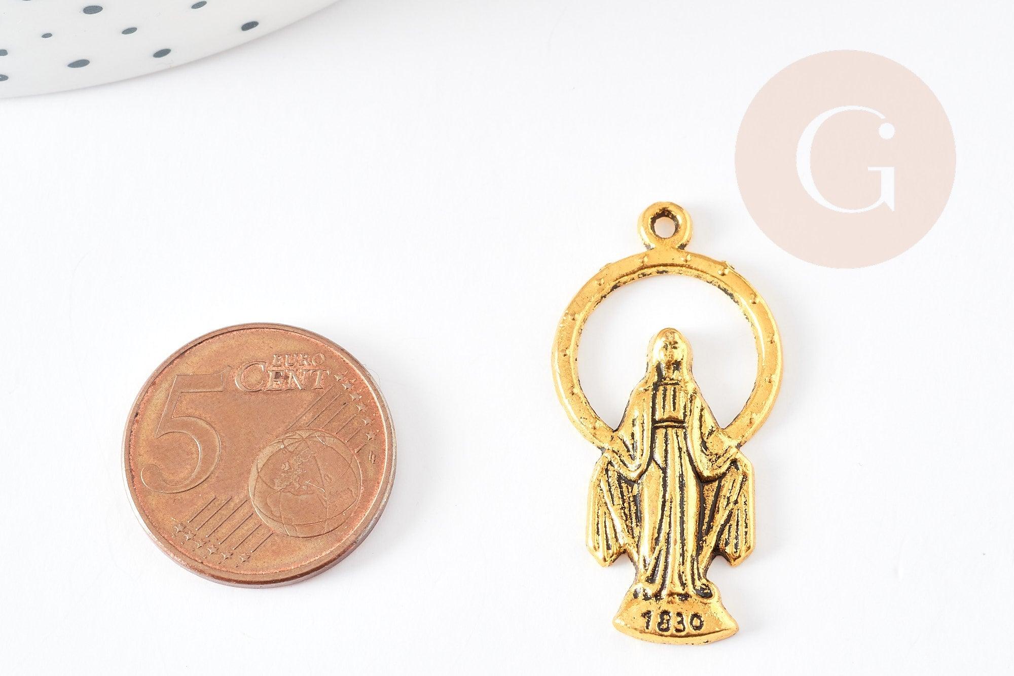 Pendentif médaille ovale Vierge Marie zamac doré 36mm, x1 (G1245)