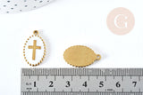 Pendentif médaille ovale croix émaillée acier 304 doré 18K inoxydable 23mm, x1 (G8717)