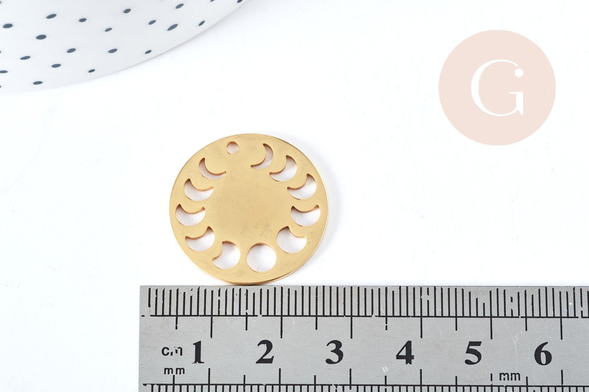 Pendentif médaille phases Lune ajouré acier 201 inoxydable doré 23mm, x1 (G8720)