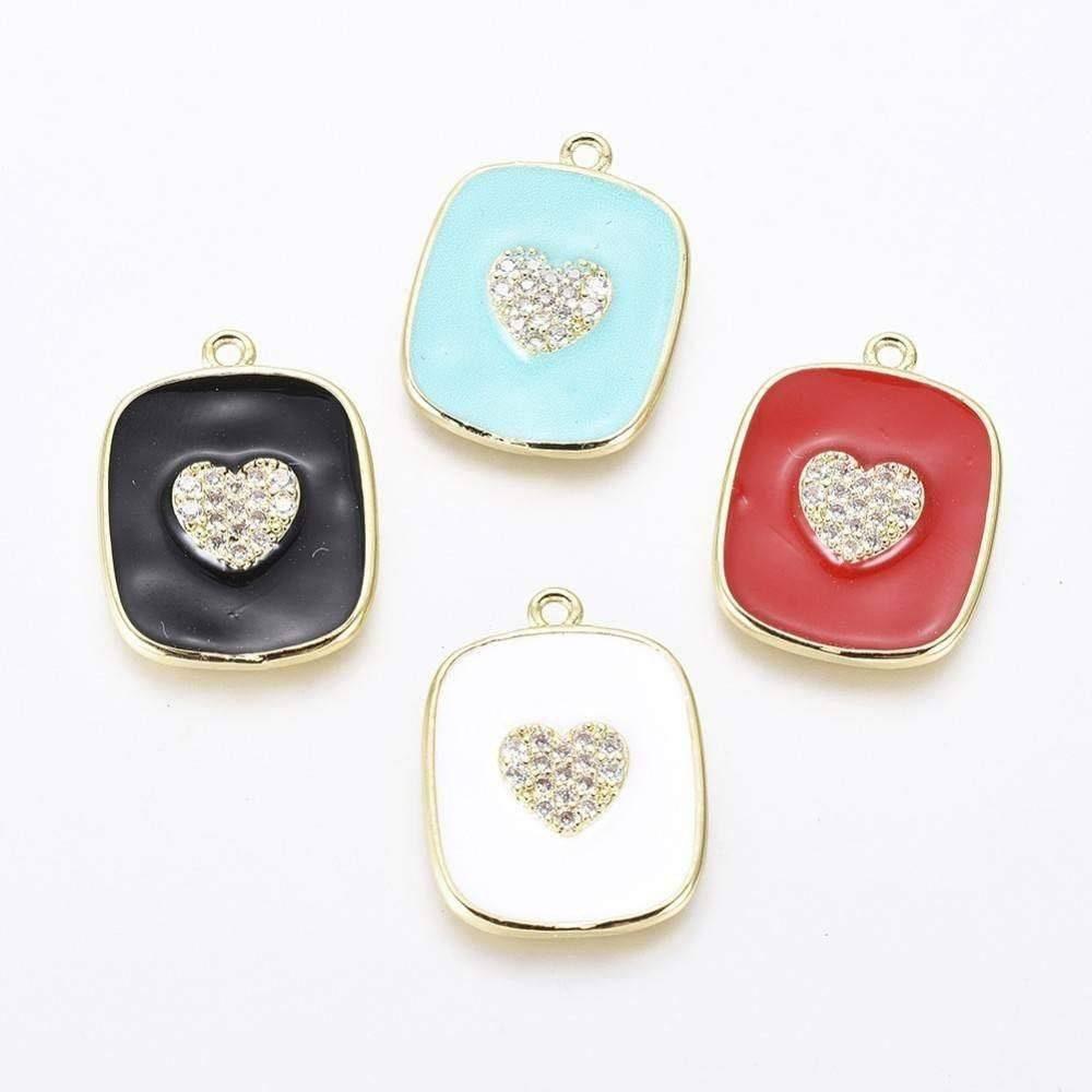 Pendentif médaille rectangle coeur émail laiton doré zircon,21.5mm, x1 (G5242)