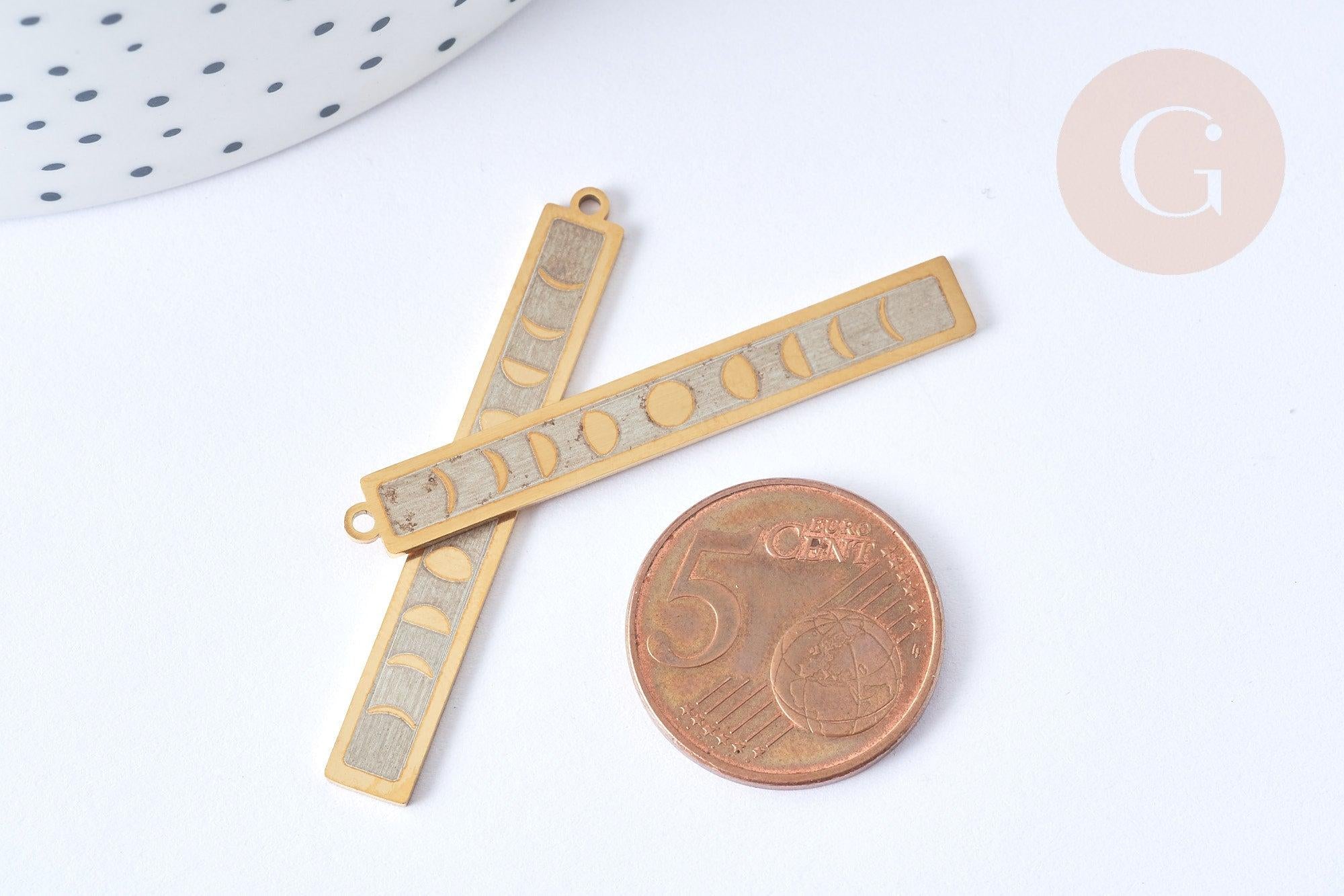 Pendentif médaille rectangle lune acier 201 doré inoxydable 45mm, x1 (G7918)
