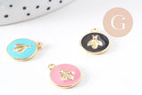 Pendentif médaille rond abeille émail laiton doré 16mm, x1 (G2942)