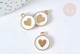 Pendentif médaille rond cœur émail blanc zamac doré 16mm, création bijou amour, x1 (G7426)