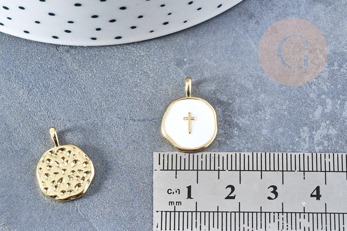 Pendentif médaille rond croix émail blanc laiton doré 18mm, pendentif laiton émaillé,sans nickel, x1 G8548