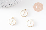 Pendentif médaille rond éclair émail blanc zamac doré 16mm, x2 (G9905)