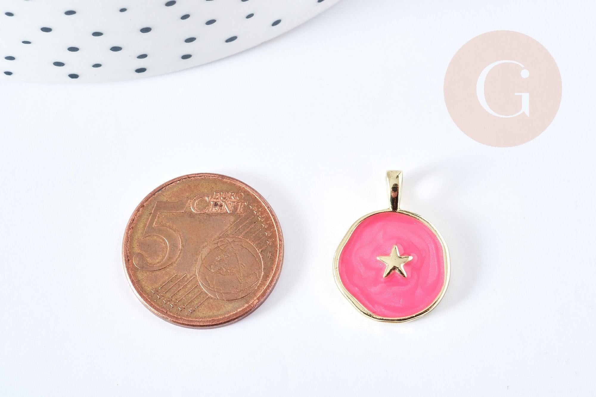 Pendentif médaille rond étoile émail rose ou bleu laiton doré 18mm, x1 (G8550)