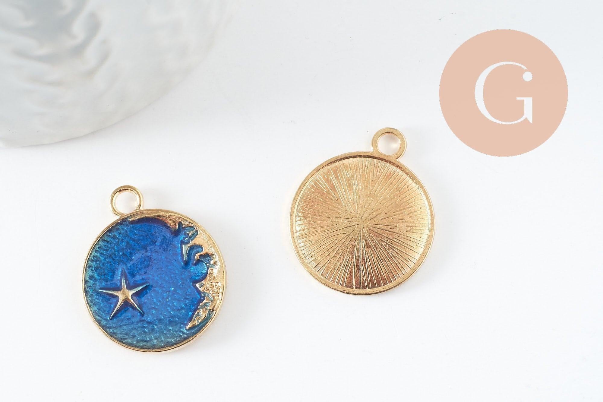 Pendentif médaille rond lune étoiles émail bleu zamac doré 25mm, pendentif laiton émaillé,sans nickel, x1 (G5838)