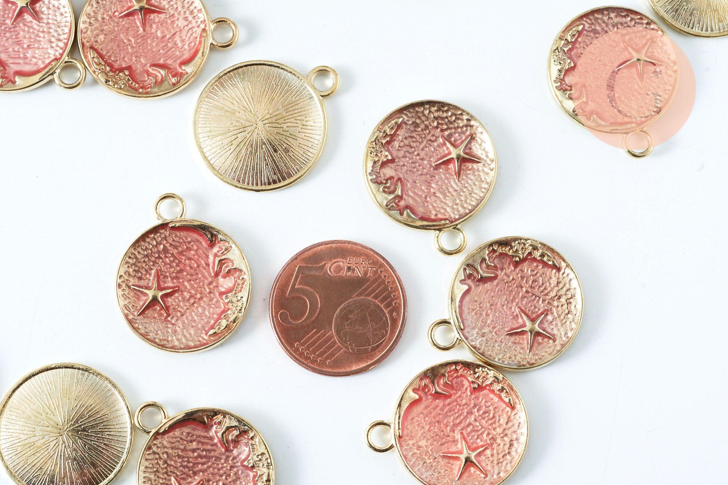 Pendentif médaille rond lune étoiles émail rose zamac doré 25mm, pendentif laiton émaillé,sans nickel, x1 (G6373)
