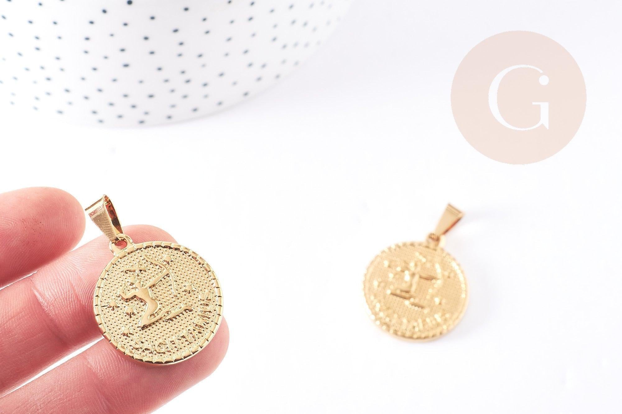 Pendentif médaille ronde Sagittaire acier 304 inoxydable doré à graver, x1 (G2077)