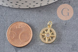 Pendentif médaille ronde boussolle étoile laiton doré 18K zircons 16mm, x1 (G3586)