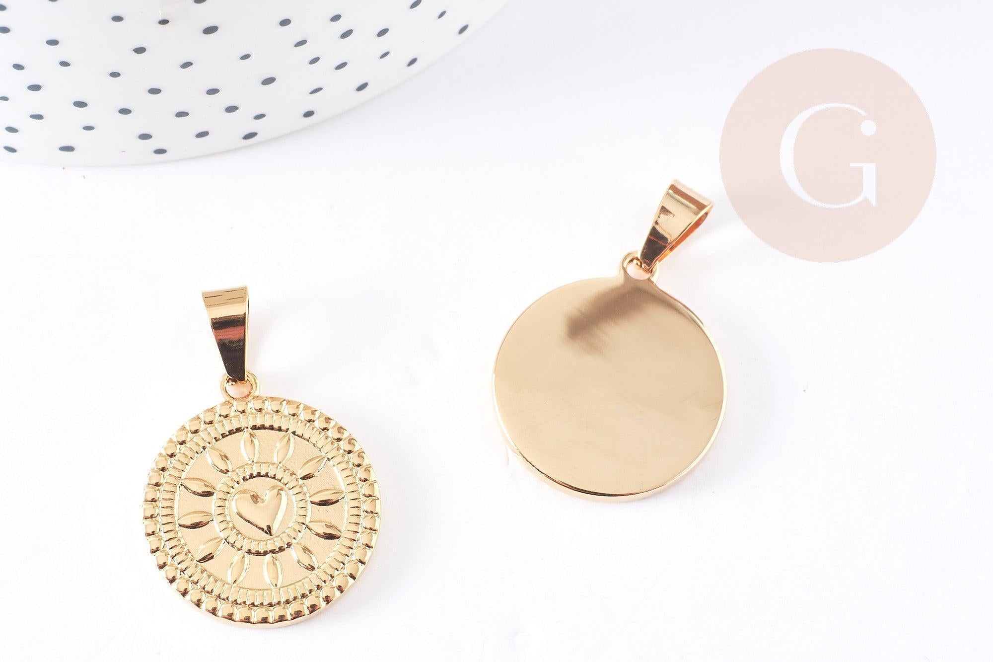 Pendentif médaille ronde cœur acier 304 inoxydable doré 25mm, x1 (G2051)