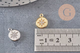 Pendentif médaille ronde étoile laiton doré zircons, pendentif doré avec cristaux pour création bijoux,13mm, x1 (G3471)