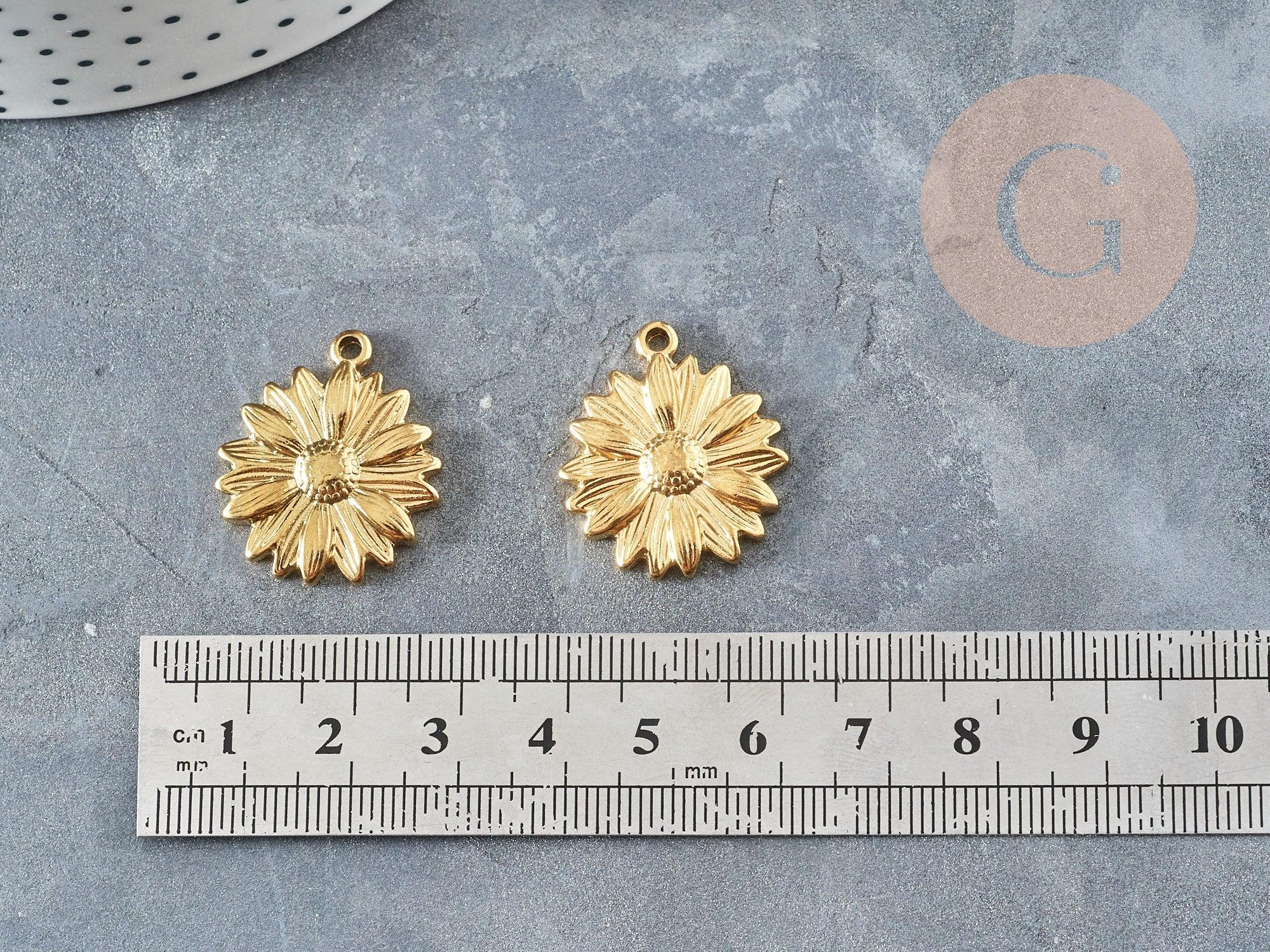 Pendentif médaille ronde fleur tournesol acier 304 inoxydable doré PVD 25.5mm x1 (G2921)