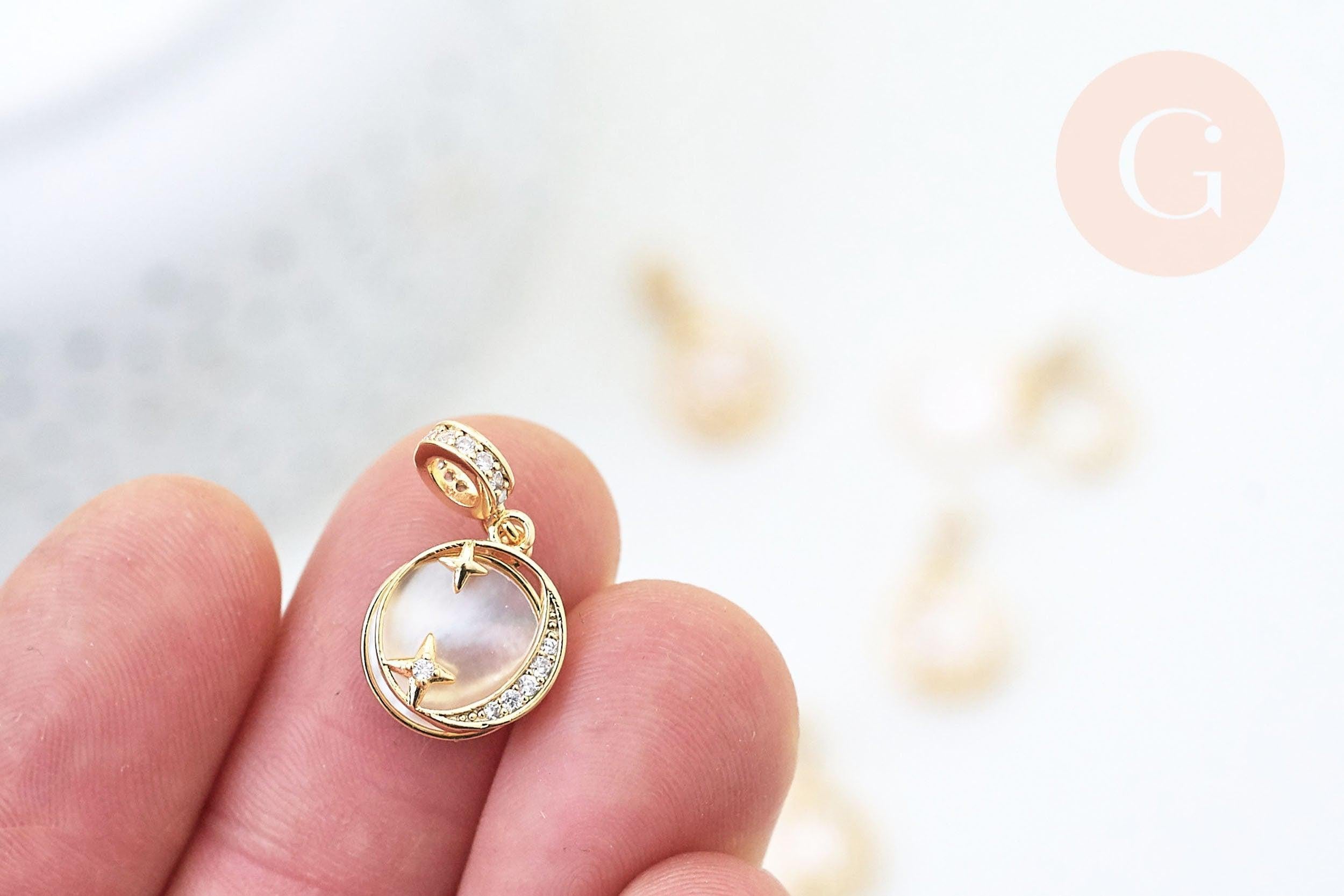 Pendentif médaille ronde lune laiton doré nacre mobile 13.5mm, pendentif nacre laiton doré pour création bijoux,médaille or, x1 G5682