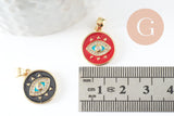 Pendentif médaille ronde oeil émail rouge laiton doré 18K et cristal zircon,pendentif laiton amour pour création bijoux,16mm, x1 (G3298)