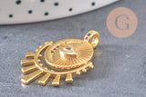 Pendentif médaille ronde oeil laiton doré 18K zircons 31mm, x1 (G4656)