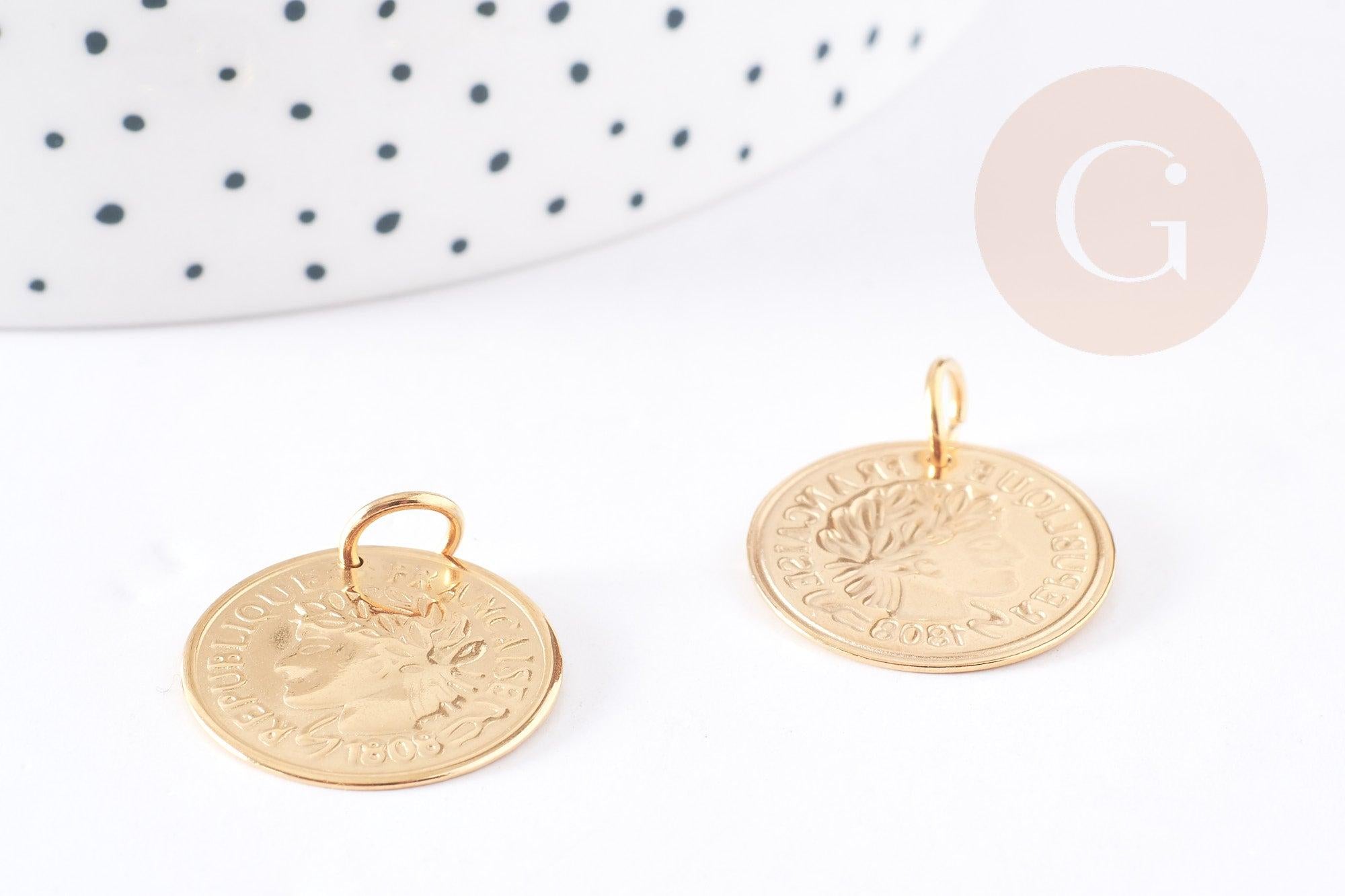 Pendentif médaille ronde pièce acier 304 inoxydable doré IP 20mm, x1 (G5571)