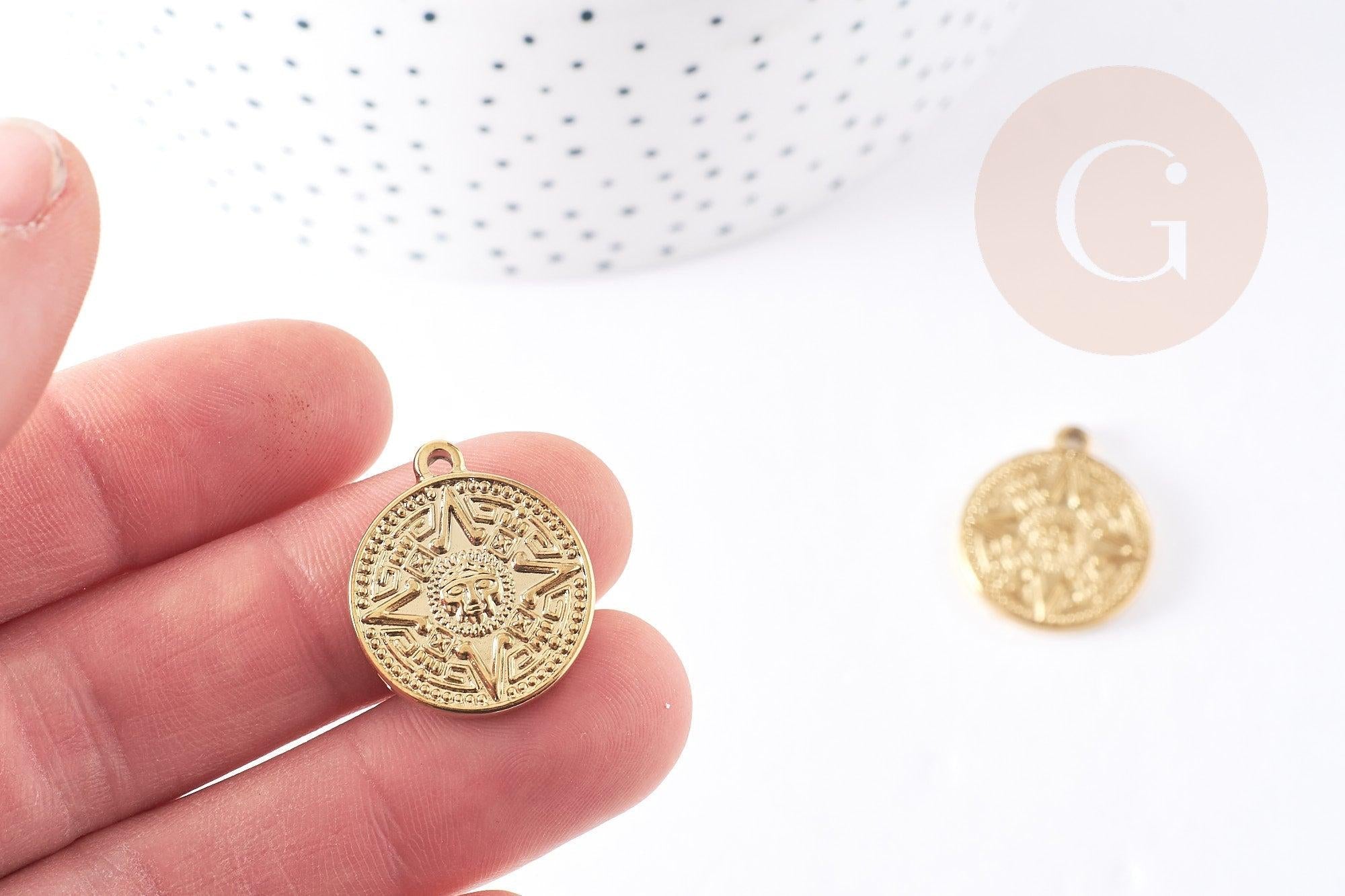 Pendentif médaille ronde rose des vents acier 304 inoxydable doré 23.4mm, x1 (G2639)