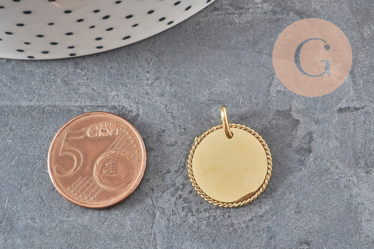 Pendentif médaille ronde tressée acier 304 inoxydable doré personnalisable 18mm, x1 (G11376)-Breloques et pendentifs-Gingerlily Perles