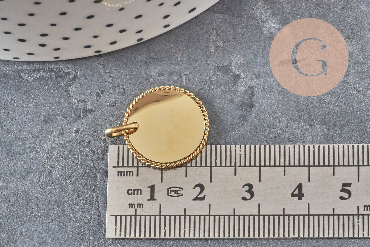 Pendentif médaille ronde tressée acier 304 inoxydable doré personnalisable 18mm, x1 (G11376)-Breloques et pendentifs-Gingerlily Perles